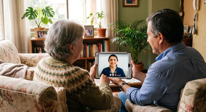 Adulto mayor y familiar viendo videollamada médica desde casa con UnDocYa